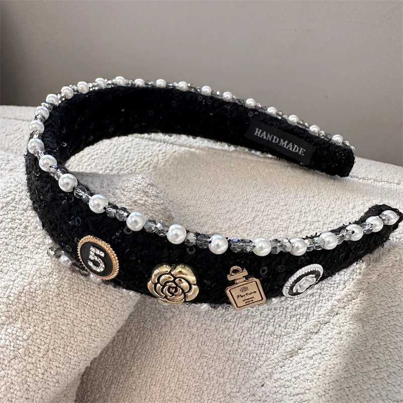Exquisite Crystal Ball Pearl Number 5 Letter Camellia Headband Women Hair Accessories France Pearl Beaded Hairhoops Headwears C260316