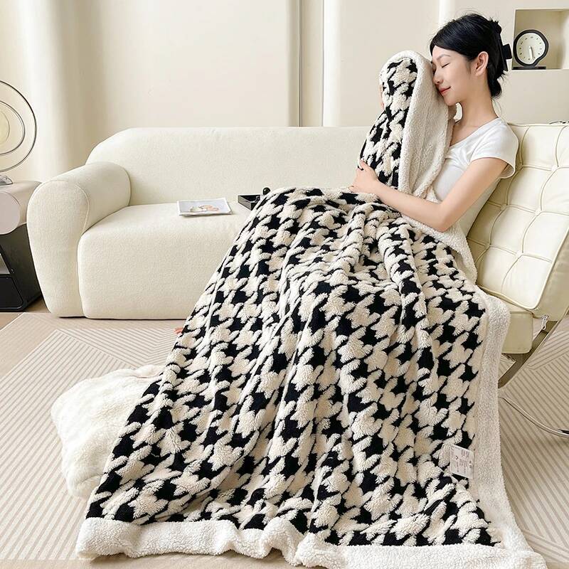 Houndstooth Pattern Spring Autumn Warm Fleece Cozy Office Naps Sofa Bed Throw Blankets Jacquard Soft Plush Blanket