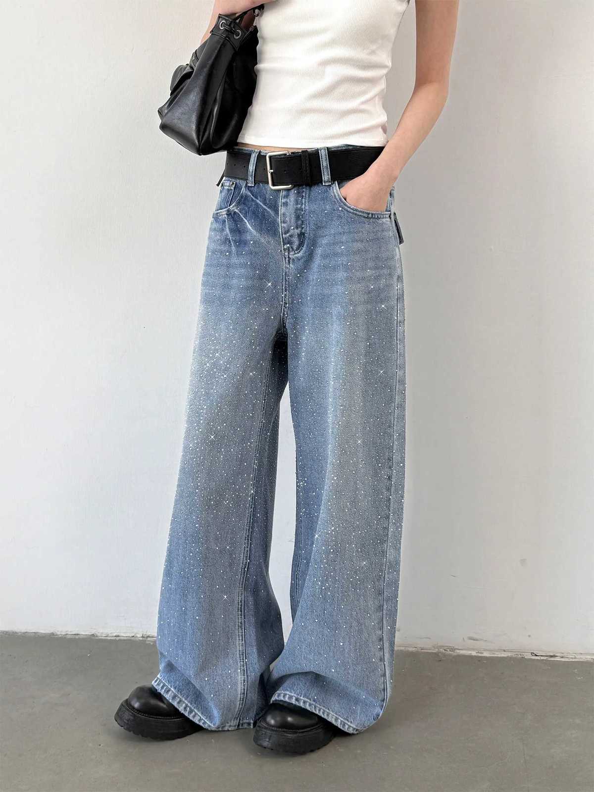 CHIC VEN Fashion Women Jeans Blue Loose New Design Hotfix Rhinestone Female Straight Leg Denim Pants Spring Autumn 2026T260317