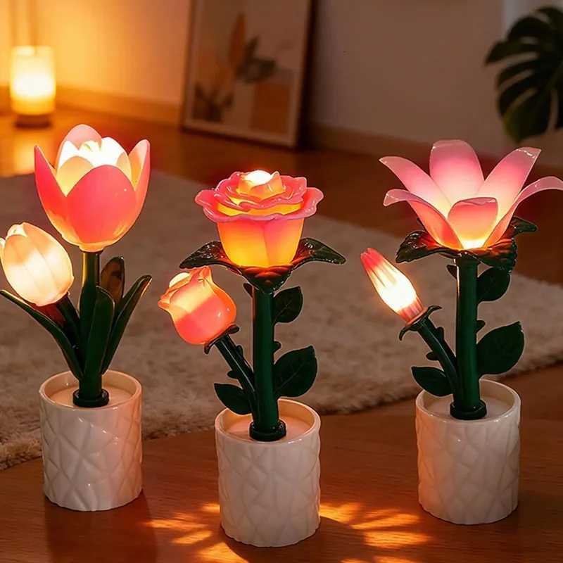 Creative Ornament Tulip Flower Sea Building Blocks Night Light Handmade Rose Ornament LED Atmosphere Desk Lamp H260318