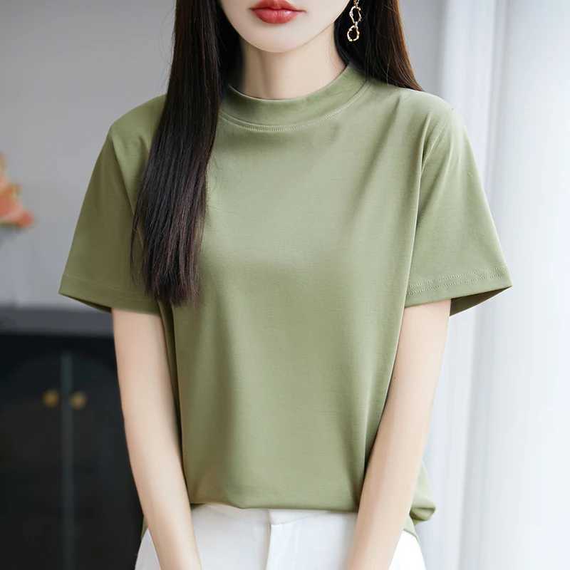 Summer New Cool Mercerized Cotton Short Sleeve T-shirt Womens Semi-High Collar 100 Cotton Loose Shoulder TopT260317