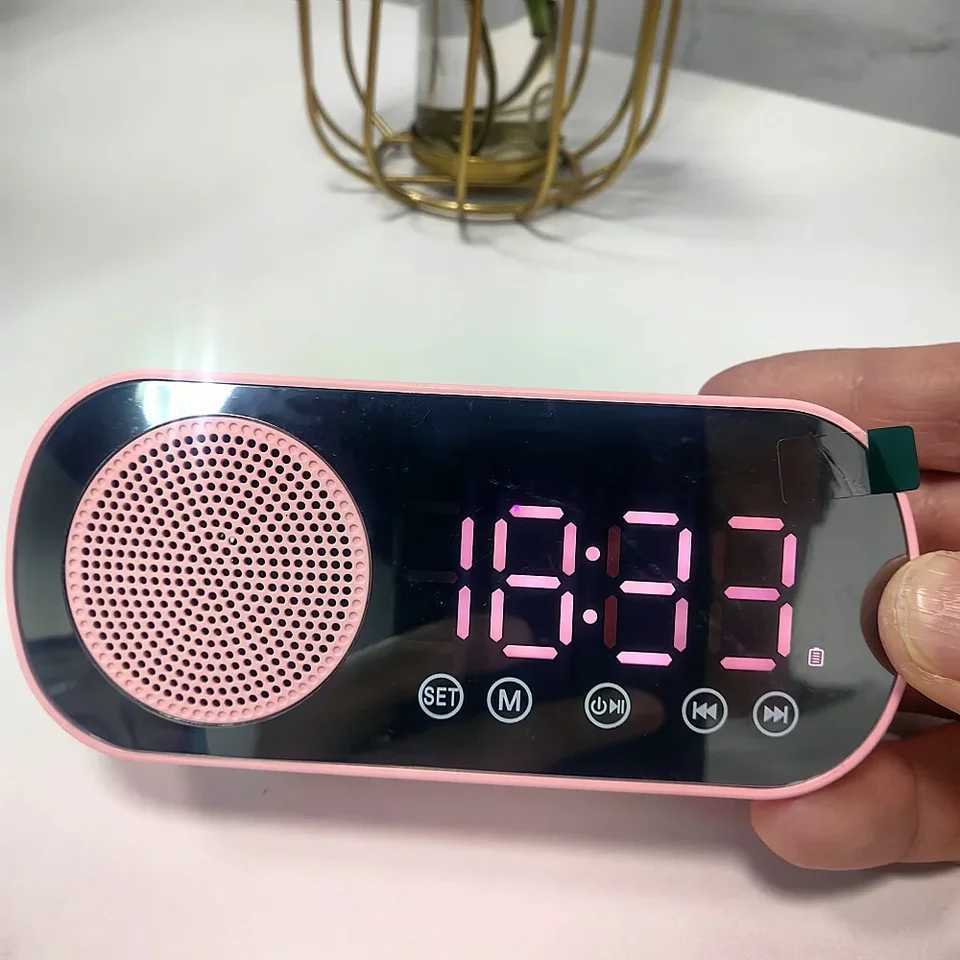 Mini Mirror Digital Alarm Clock Timer Rechargable Wireless Clock 2 Alarms FM Radio Wireless Speaker Subwoofer Desktop LED Clock D260318