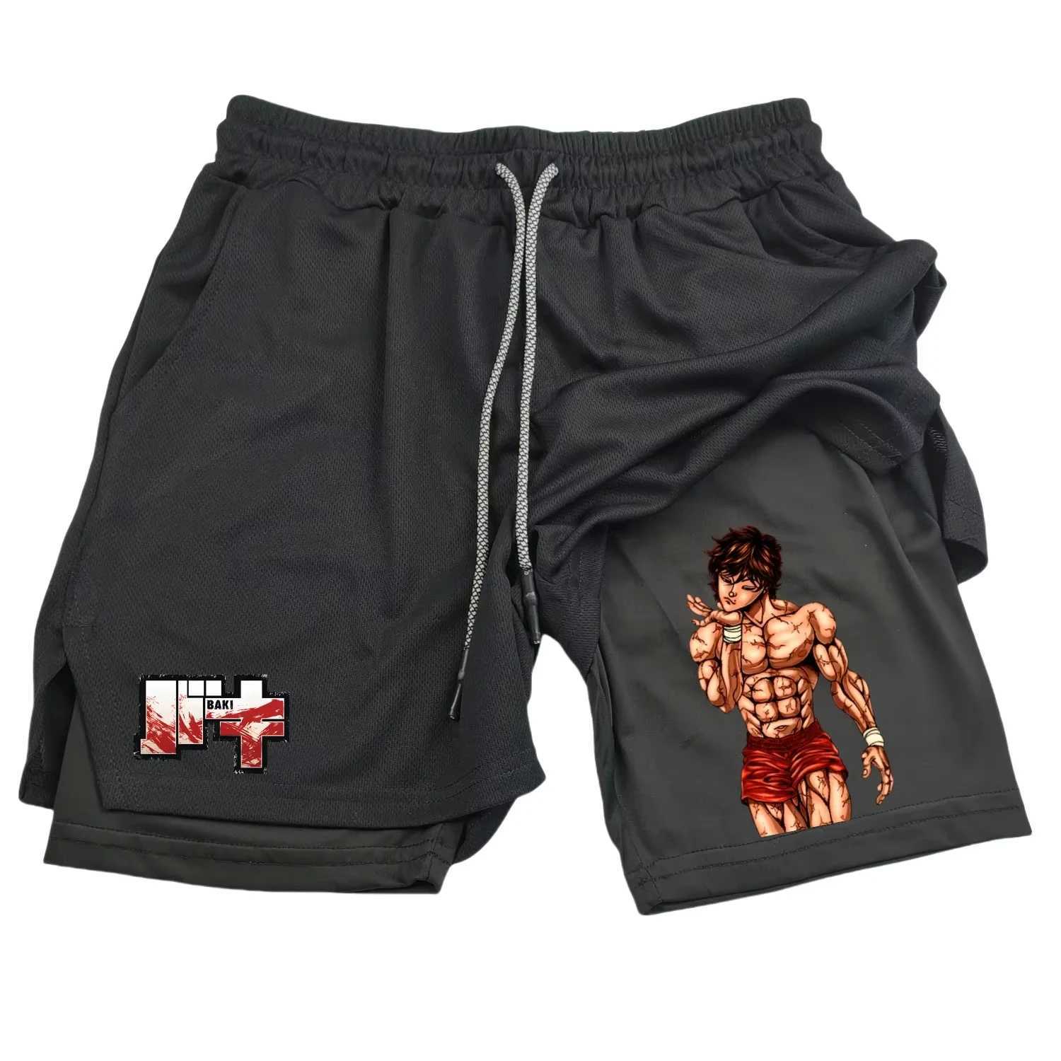 Hanma Baki Anime Mens 2 in 1 Gym Shorts Quick Dry Mesh Fitness Shorts Black Workout ZY0019 M260318