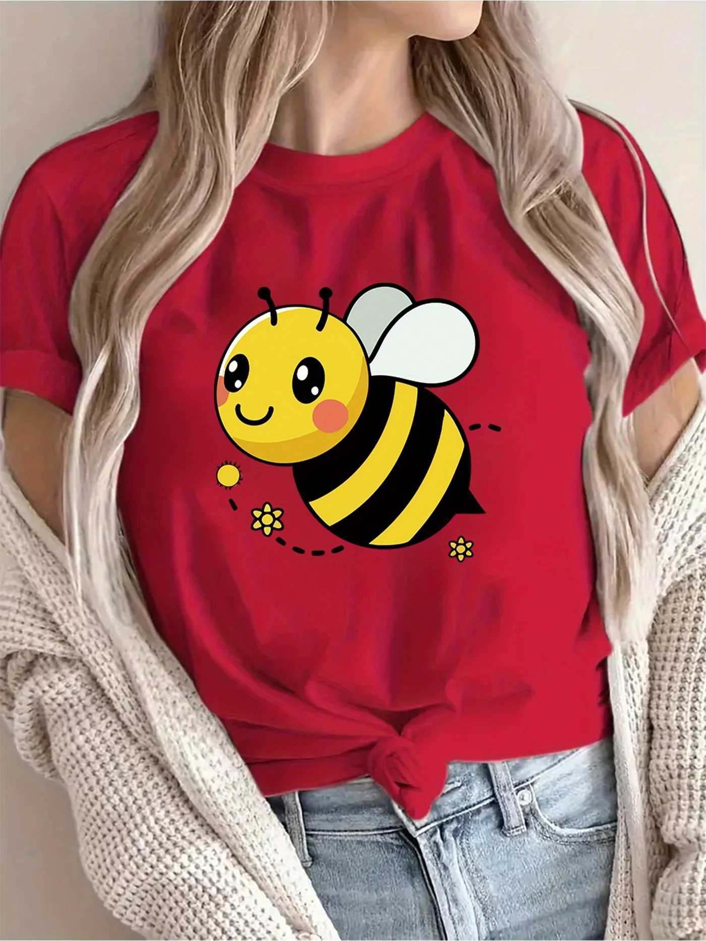 Womens Casual Short Sleeve T-Shirt Cute Cartoon Bee Floral Print Breathable Round Neck Tee for Spring/SummerT260317