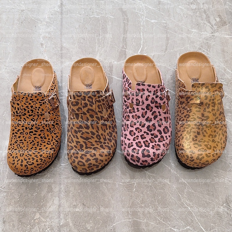 Designer Clog Slippers Cork Sandals Women Men Summer Flat Slides Genuine Leather Leopard Double Buckle Beach Sliders Casual Shoes Size 35-45