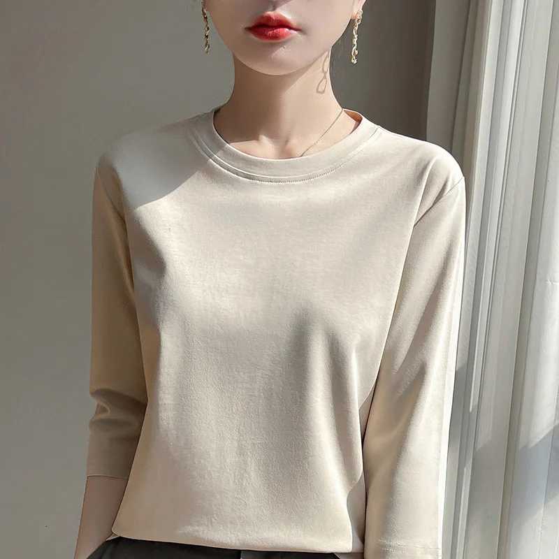 Summer Cotton Short-Sleeved T-Shirt Womens Round Neck Seven-Point Sleeves Loose Mercerized Cotton Half-Sleeve Shirt New T-shirtT260317