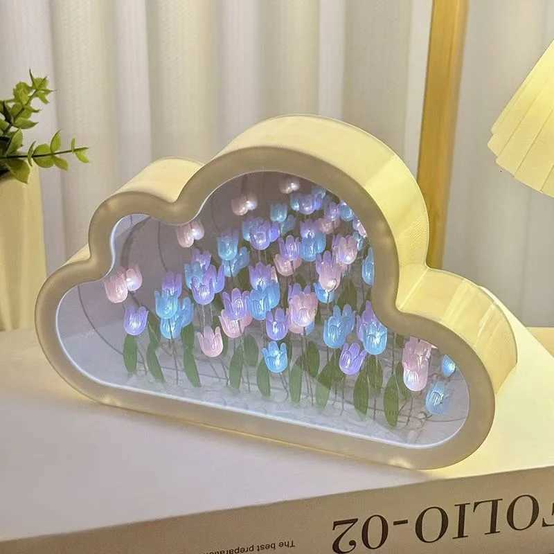 Creative cloud tulip night light DIY handmade mirror flower sea atmosphere lamp desktop decoration birthday holiday gift H260318