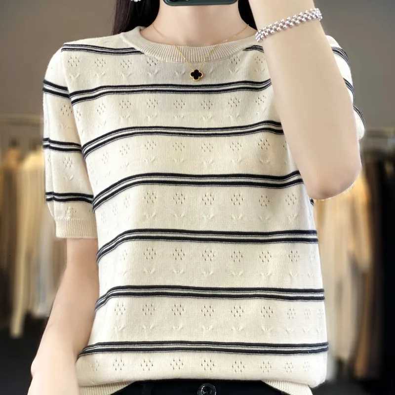 Summer 100 cotton womens T-shirt casual hollow striped knitted pullover short sleeved loose round neck Tees Pull On vest TopsT260317