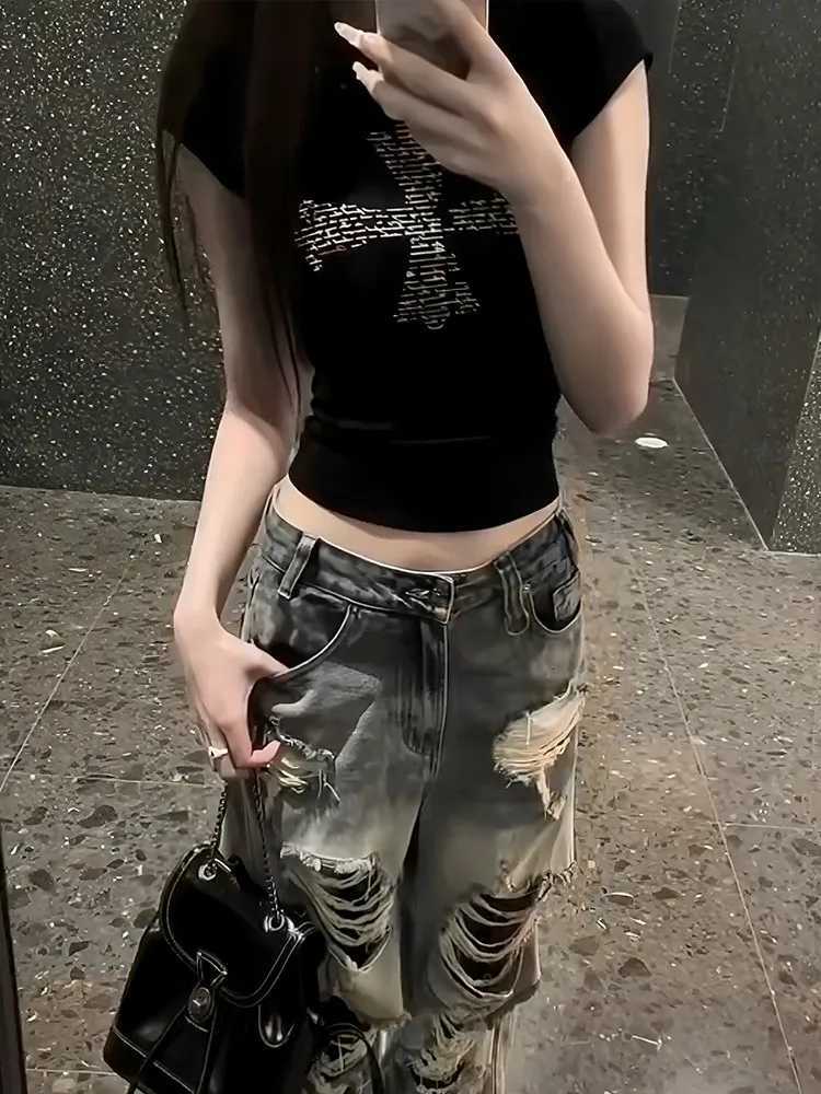 Seeslim Black Cross Graphic T Shirts Korean Style Womens Clothing Summer Tops Short Sleeve 2000s Clothes Y2k Print Tees FemaleT260317