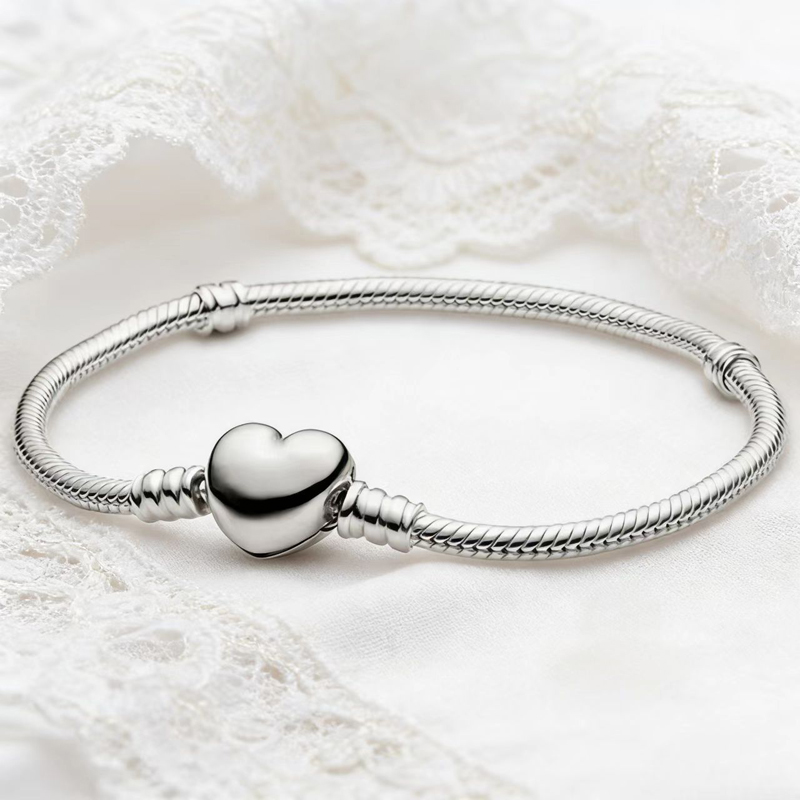 Authentic Silver Plated Heart Bracelets 3MM Snake Chain Fit PAN Charms Bangle Bracelet Women Children DIY Christmas Gifts