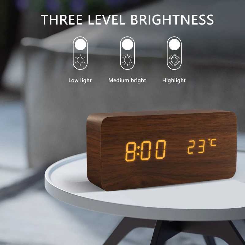 Alarm Clock LED Wooden Watch Table Voice Control Digital Wood Despertador USB/AAA Powered Electronic Desktop Clocks D260318