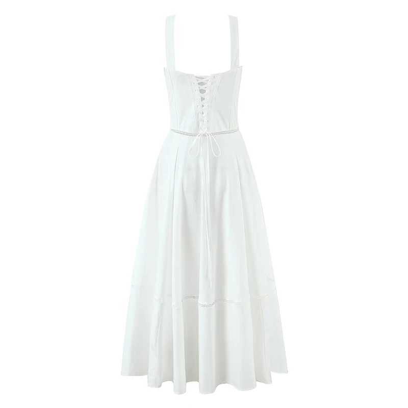 YENKYE Sexy Lace Up Bandage Back Elegant White Sling Dress Women Front Button A-line Cotton Corset Style Summer Dress Midi Robe L260305 - view 4