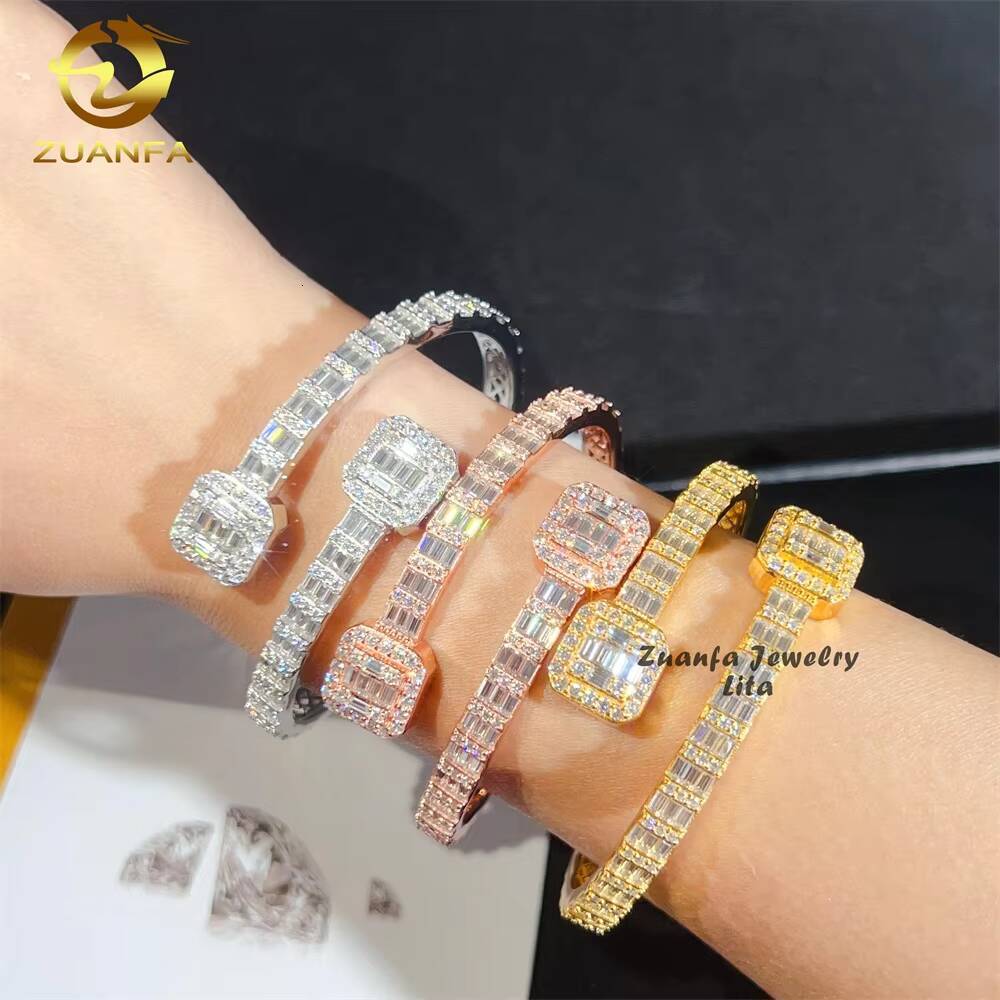 Hip Hop Style 5MM Width Iced Out Baguette Diamond Square Clasp 925 Silver Moissanite Bangle Bracelet