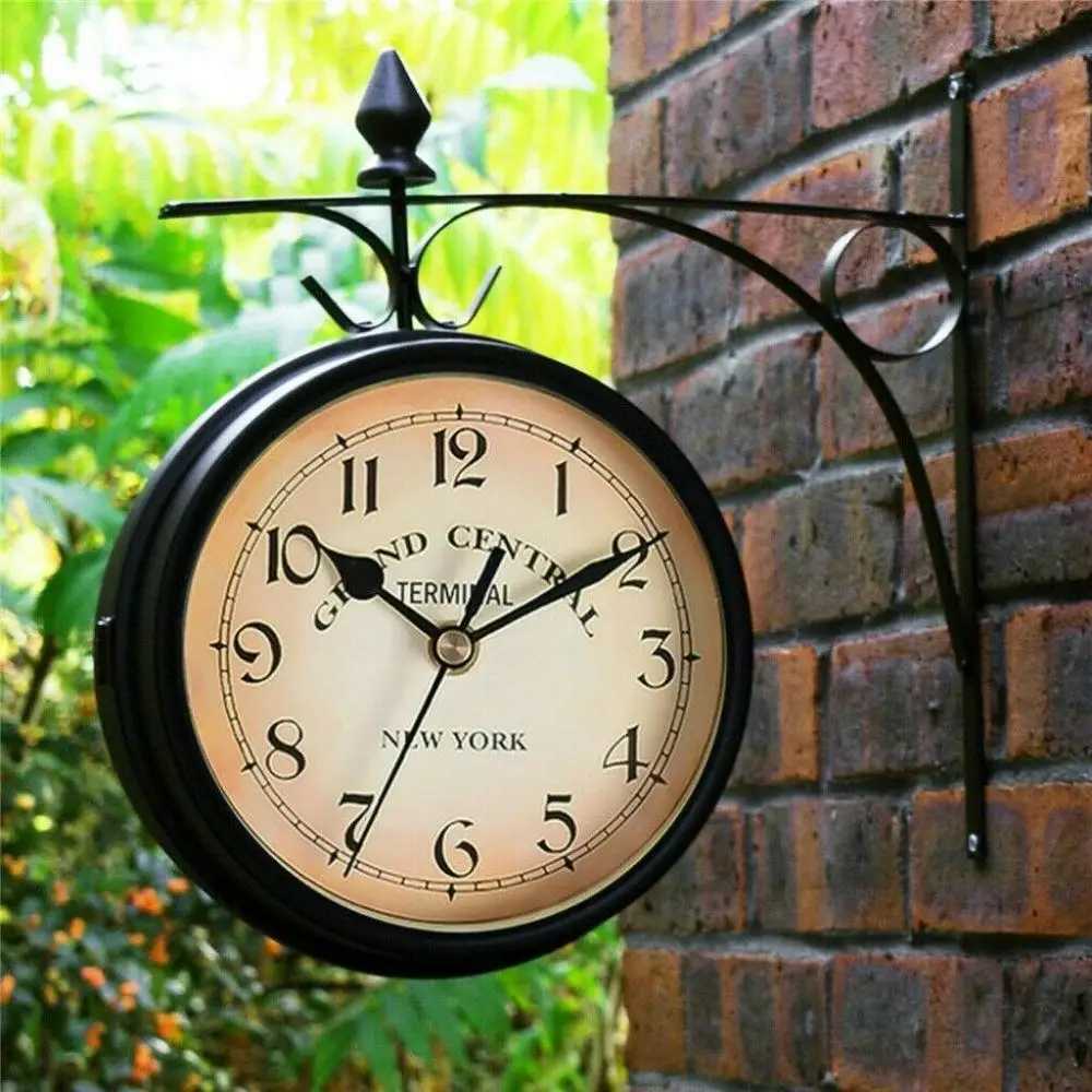 Double Sided Wall Clock High Quality Durable Retro Metal Clock Home Decor Garden Decoration Train Station D260318