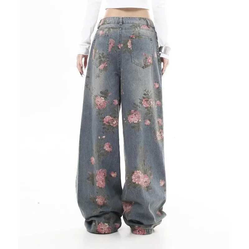 Womens Blue Flower Baggy Jeans Y2K Japanese Harajuku High Street Aesthetic High Waist Wide Leg Retro Jeans Pants Clothing 2025T260317