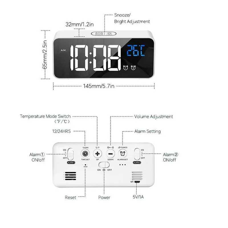 Voice Control Digital Alarm Clock TEMP 2 Alarms Snooze Night Mode Table Clock Power Switch 12/24H Rechargeable Music LED Clock D260318