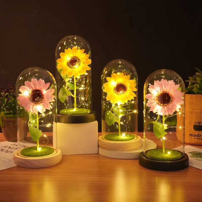 Sunflowers Artificial Flowers in Plastic Dome with LED Strip Birthday Gifts for Mom Grandma Sunflower Decor on Mothers Day H260318