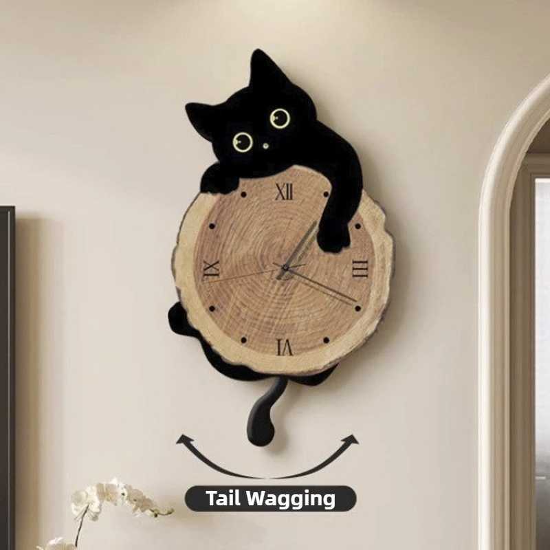 Cartoon Cat Wall Clock Creative Cat Tail Swing Wall Clock Quartz Mute Wall Clock Home Decoration Living Room Bedroom Decoration D260318