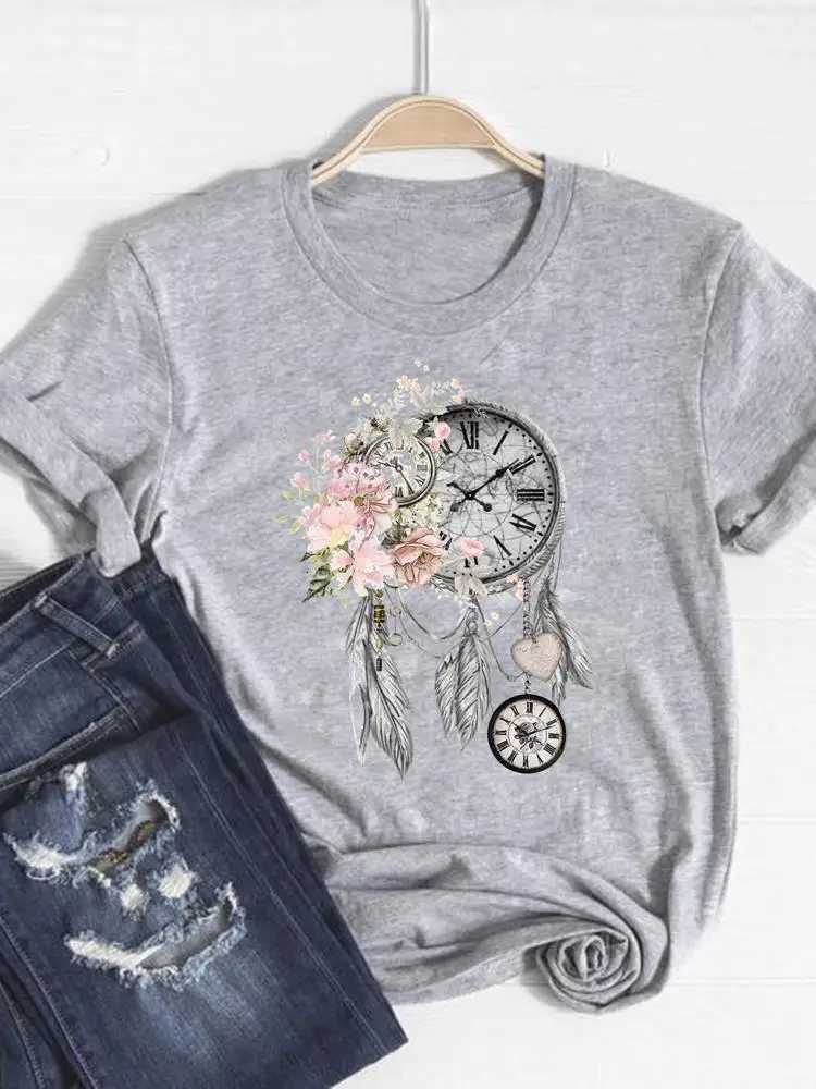 Print T Shirt Short Sleeve Summer Top Fashion Clothes Women Watercolor Sweet Trend Clothing Gray Basic Tee Graphic T-shirtT260317