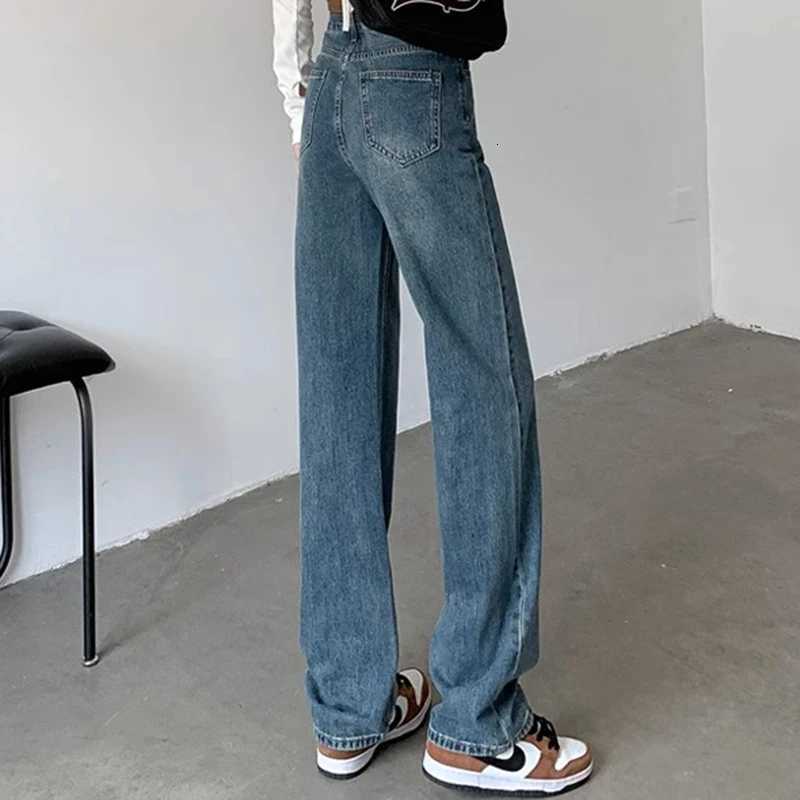 Female High Waist Narrow Wide Leg Jeans Lady Vintage Oversized Denim Straight Leg Pants Female Retro Blue Black Stacked TrousersT260317