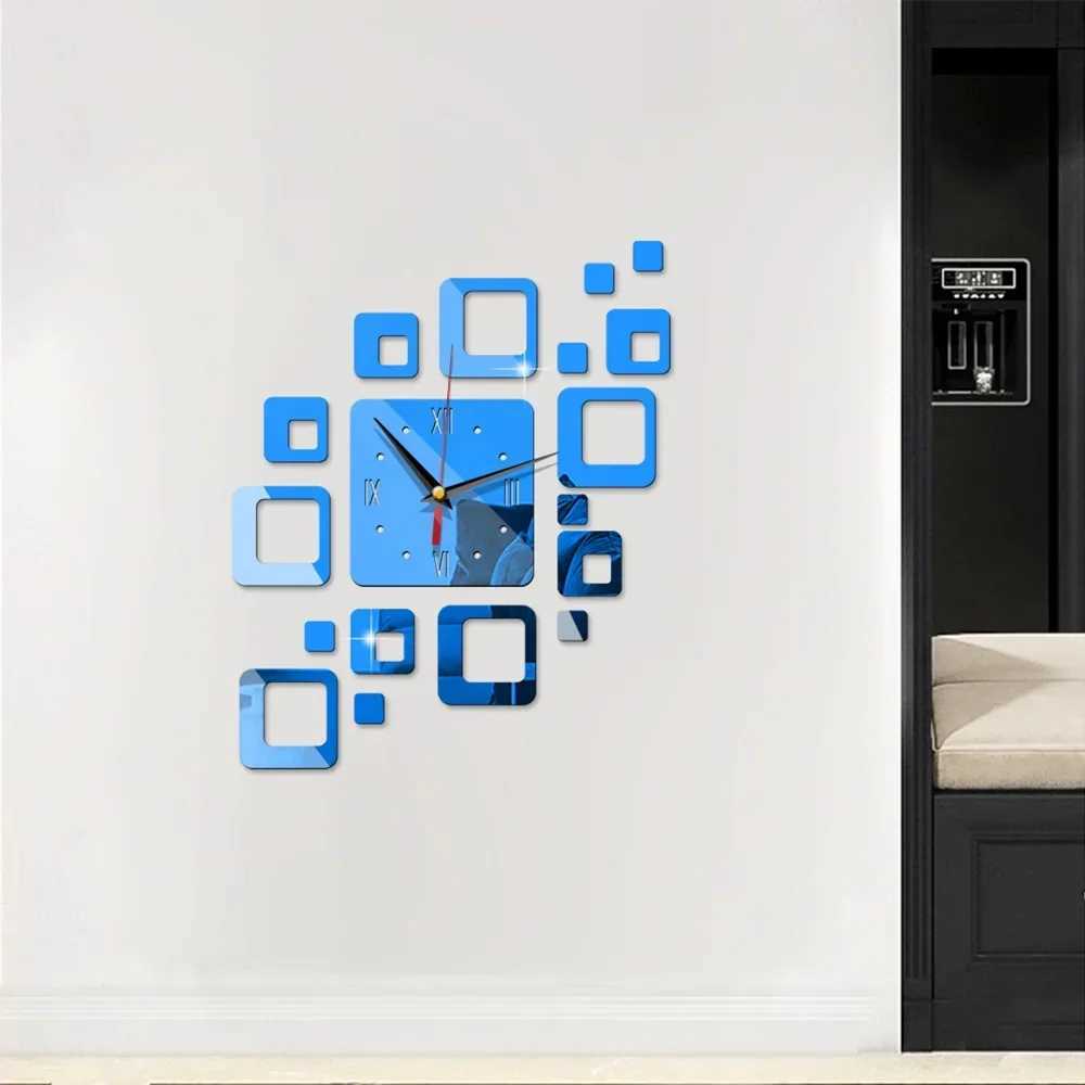 Acrylic Creative Hollow Square Mirror Wall Clock Diy Stickers Personality Mute Modern Design Home Decoration Watch D260318