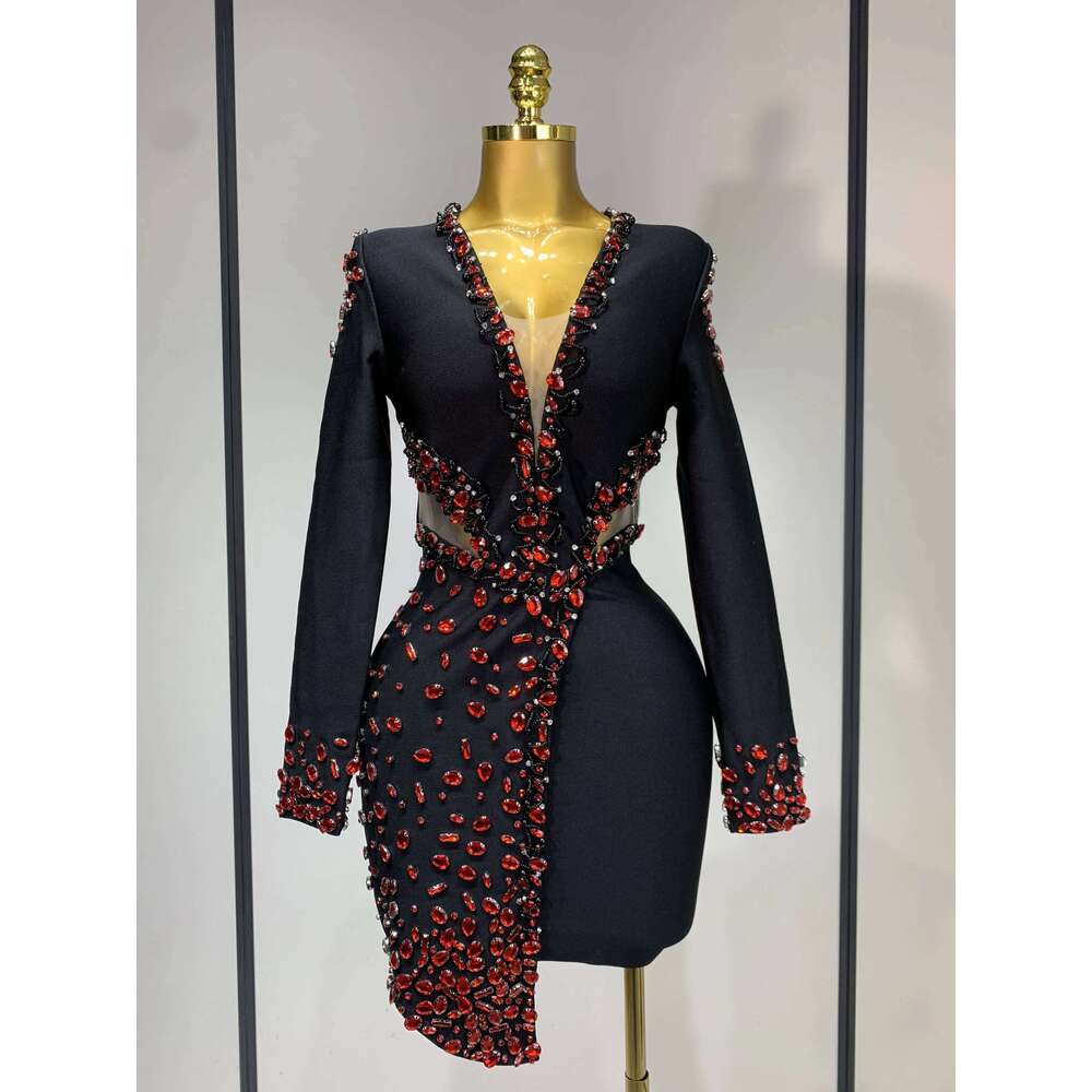 Luxury Birthday Women Celebrity Sexy Long Sleeve V Neck Rhinestone Black Bandage Dress Elegant Evening Club Party Dresses Gowns Dress Elegant