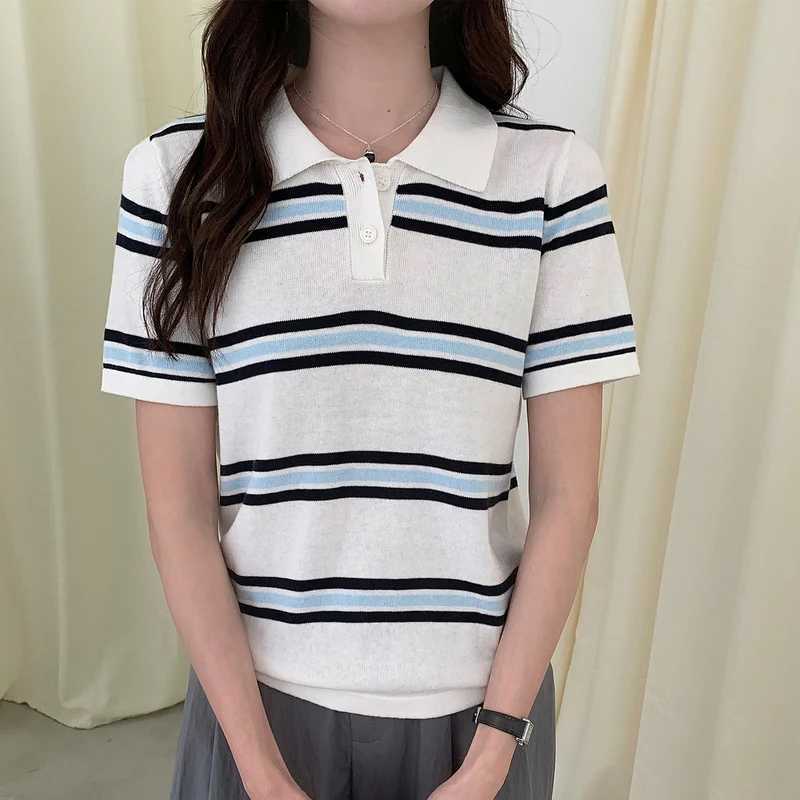 Polo collar knitted shirt short sleeved womens summer front shoulder loose slimming T-shirt Korean casual versatile topT260317