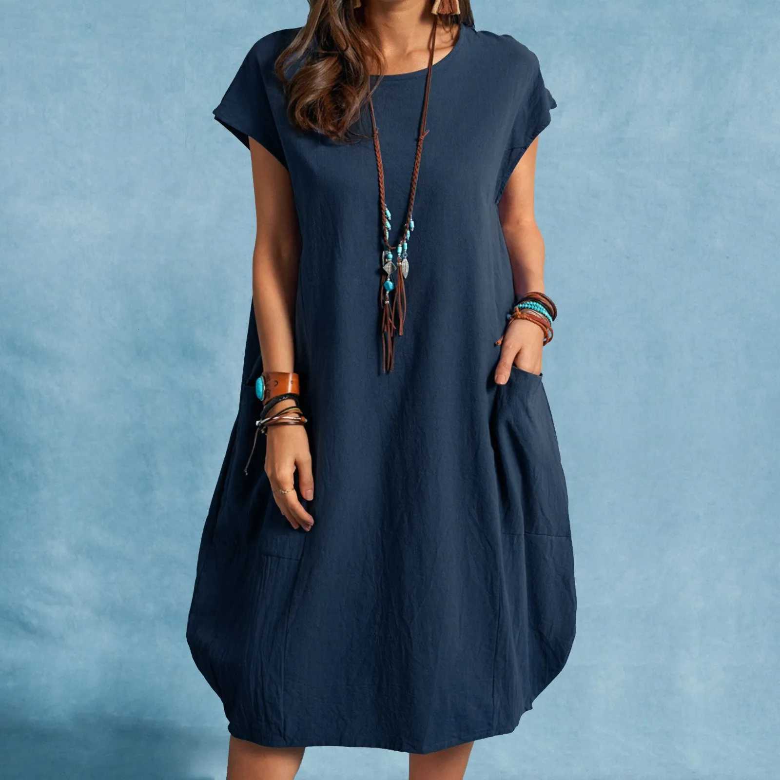 Spring and Summer Europe and the United States stand ne cotton linen loose casual pure color pocket dress ladiesXJ260318