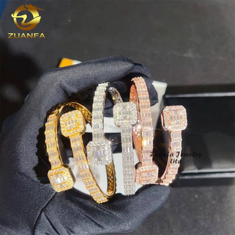 Hip Hop Style 5MM Width Iced Out Baguette Diamond Square Clasp 925 Silver Moissanite Bangle Bracelet