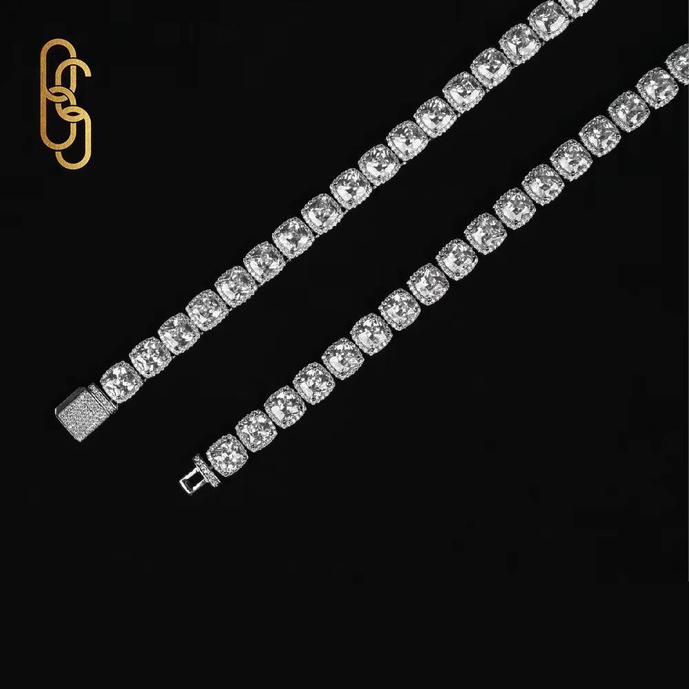 Moissanite CZ Tennis Chain Hip Hop Style Round Brilliant Cut Diamond Vvs Gold Plated 925 Silver Plated Necklace