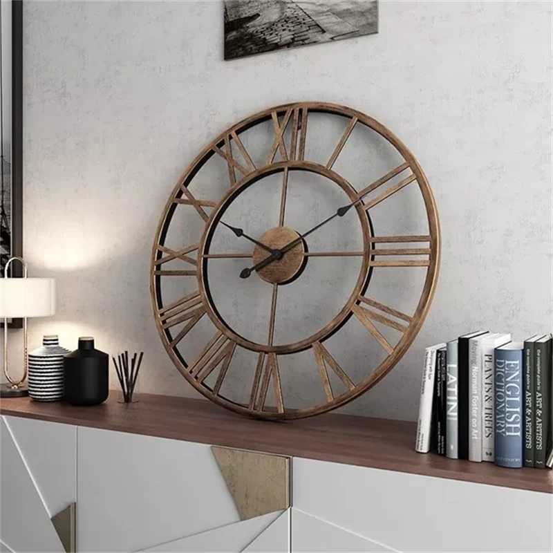 60CM Large 3D Wall Clocks Roman Numerals Retro Round Metal Iron Accurate Silent Nordic Hanging Ornament Living Room Decoration D260318