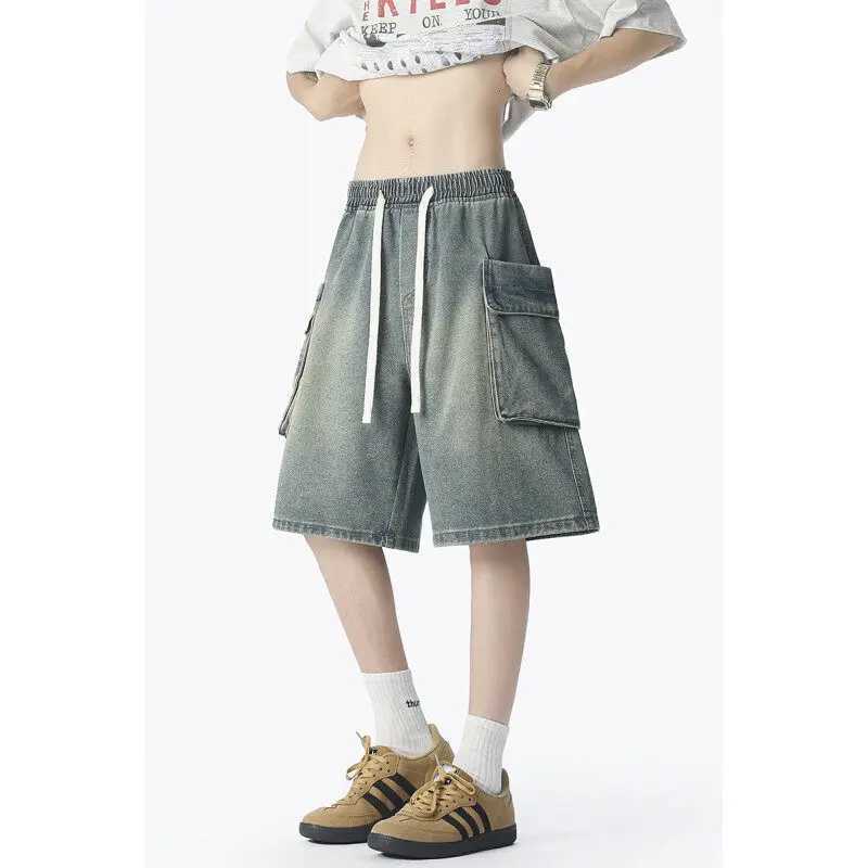 Mens Washed Denim Cargo Shorts Elastic Waistband Side Large Pockets Casual Summer Fashion Comfort Utility Workwear Street Style M260318