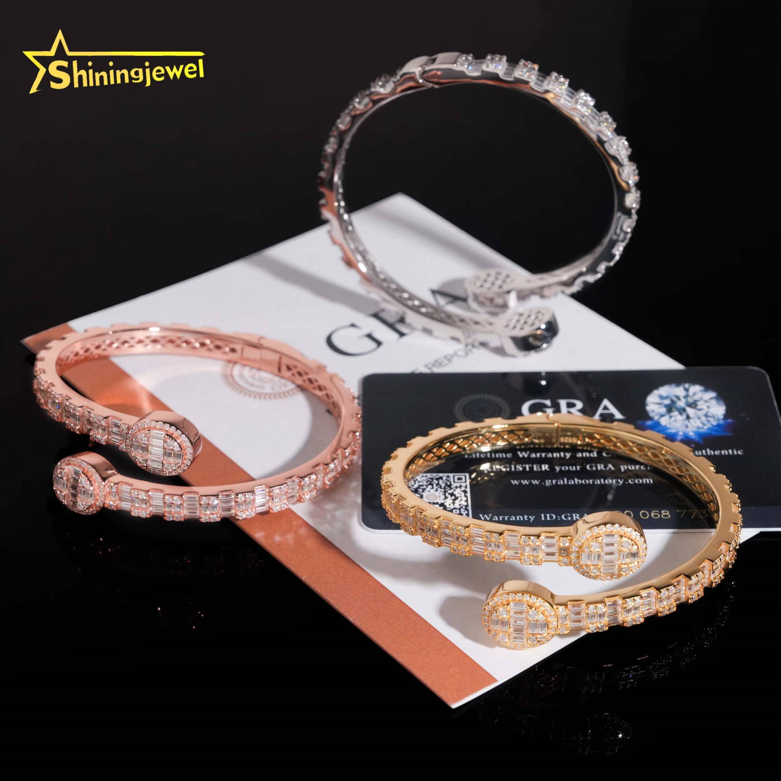 Pass Tester 925 Sterling Silver Hip Hop Jewelry Iced Out Baguette Moissanite Diamond Oval Shape Bracelet Bangle