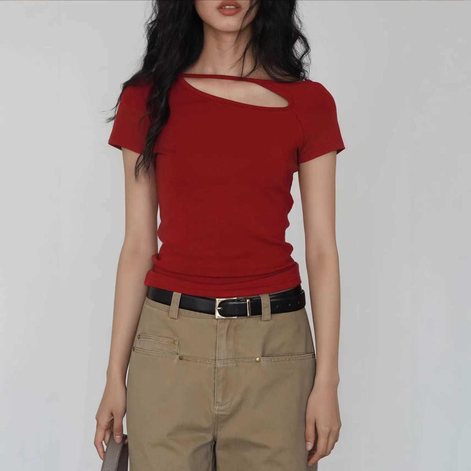 Womens Openwork Short-Sleeved Straight-Shoulder T-Shirt Stylish Summer Slimming Base Layer T-Shirt Womens TopT260317