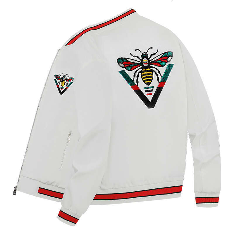 White Little Bee Embroidered Men's New European Fashion High-End Casual Baseball Jacket
