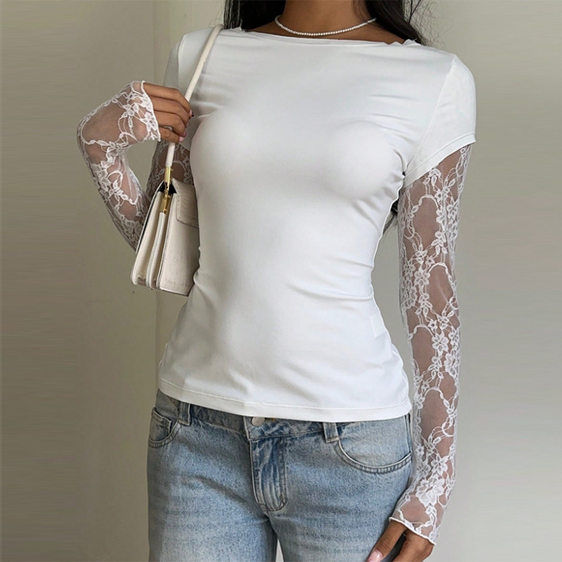 European And American Women's Designer Hoodie Clothing Designer Shirt Lace Spliced Long-sleeve T-shirt 2026 New Model Polo Shirt Sexy Slim-fit Top