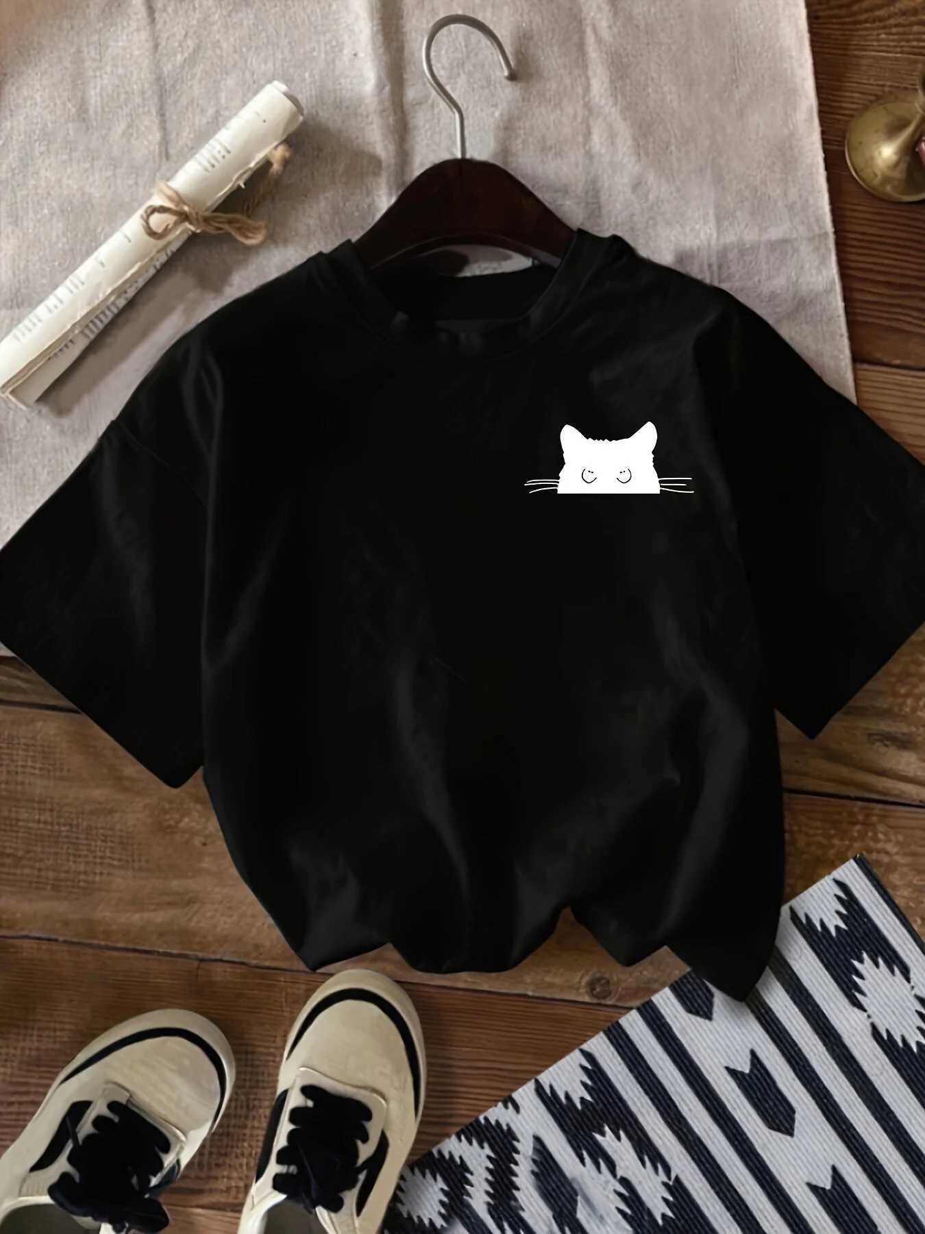 Cat Print Crew Neck T-Shirt Casual Short Sleeve T-Shirt For Spring Summer Womens ClothingT260317