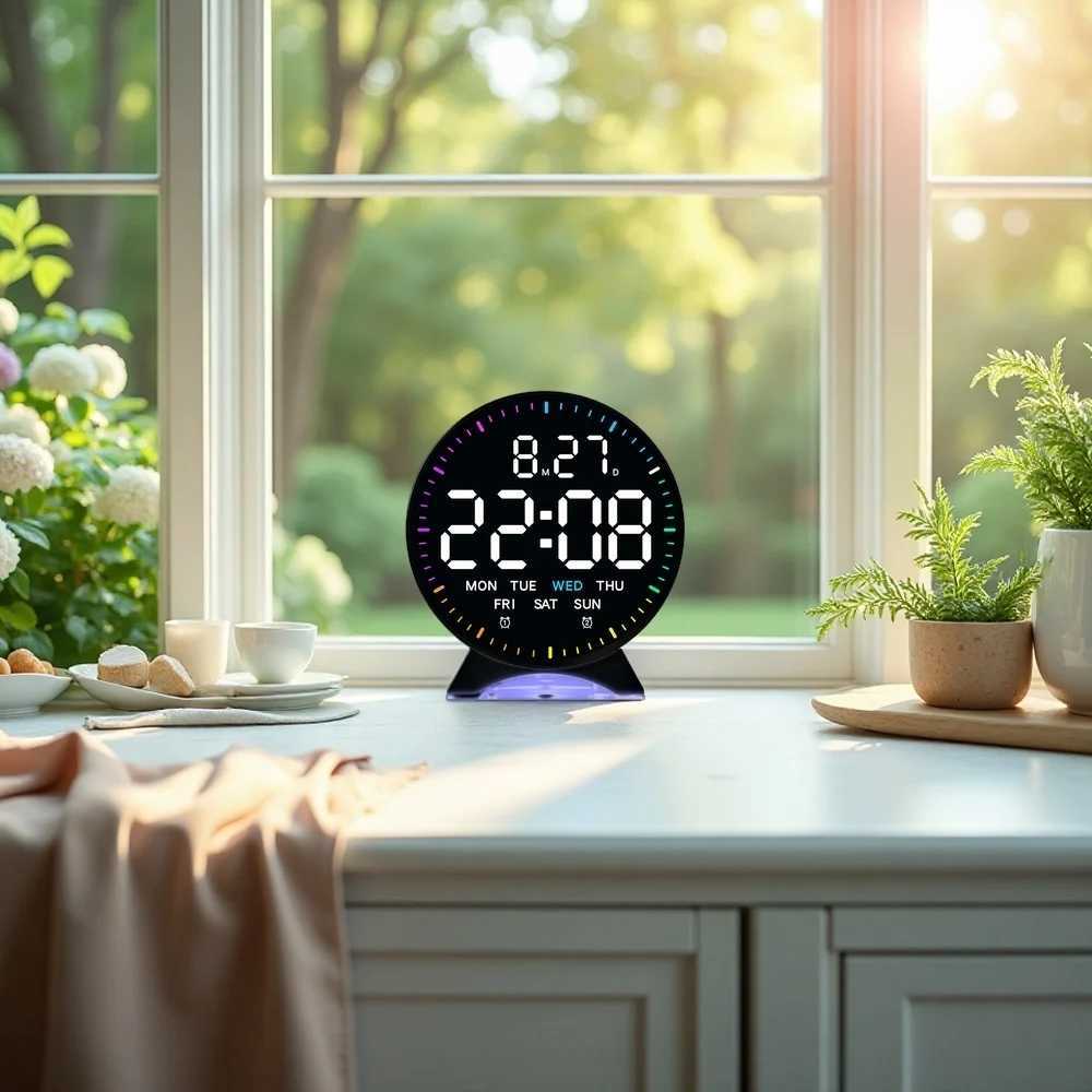 Digital Alarm Clock Week Date Second Hand Display Mood Light Dual Alarm Auto Dimmable Snooze Table Clock 12/24H DST LED Clock D260318