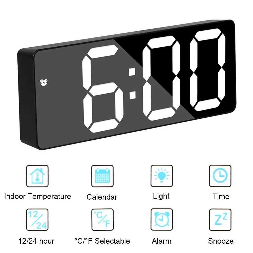 Smart Alarm Clock Bedside Table Led Alarm Clock Digital Childrens Electronic Alarm Clock Curved Screen Mirror Temperature D260318