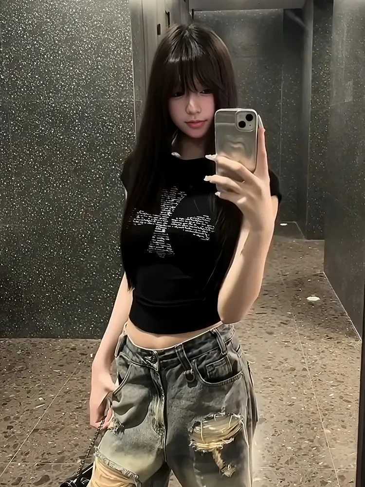 Seeslim Black Cross Graphic T Shirts Korean Style Womens Clothing Summer Tops Short Sleeve 2000s Clothes Y2k Print Tees FemaleT260317