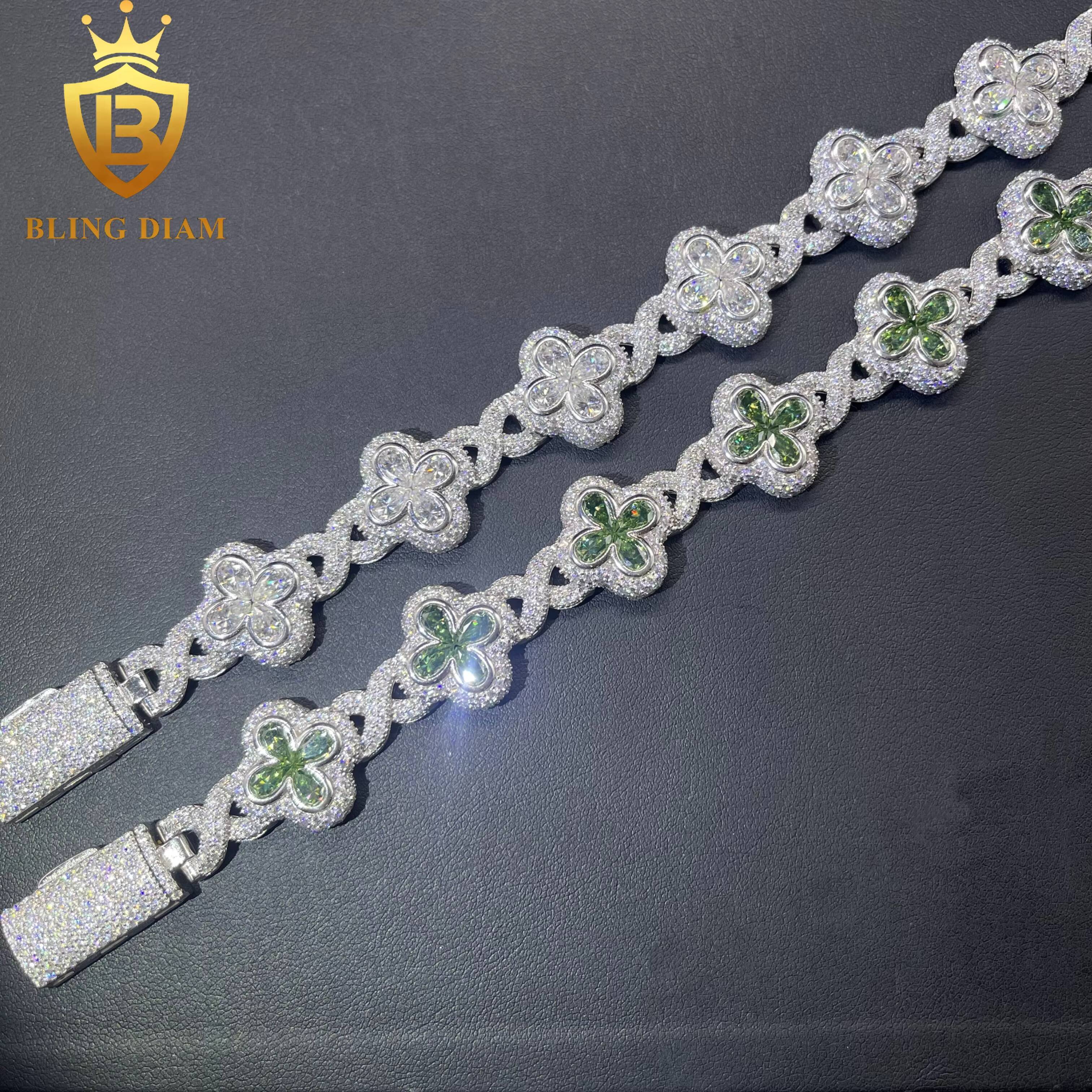Iced Out Bracelet 4 Leaf Clover Flower 925 Sliver Fine Jewelry 18mm Green Stone Vvs Pear Cut Moissanite Gra Certificate
