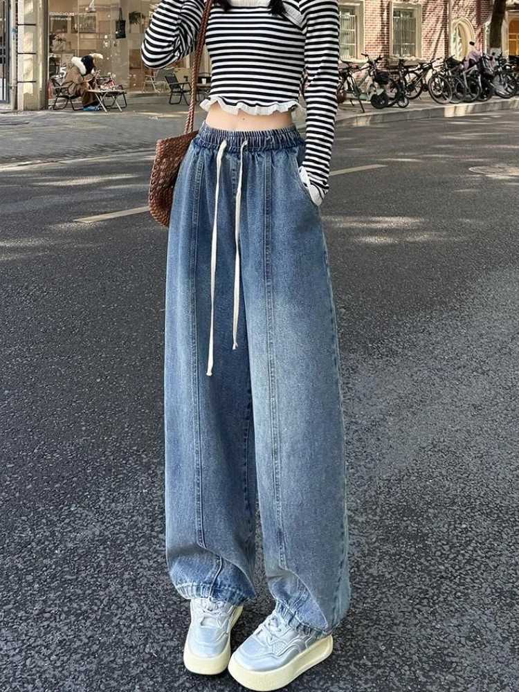 Spring Summer Women Jeans European Style High Waist Slimming Loose Straight Floor Length Harem Wide Leg Trousers Sickle PantsT260317