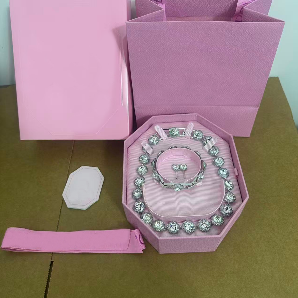 Newest Designer Jewelry Set Gift Pink Box Packing Double-layer Rhinestone Necklace Bracelet Earrings Sets Adjustable Jewelry Christmas Valentine's Day gifts