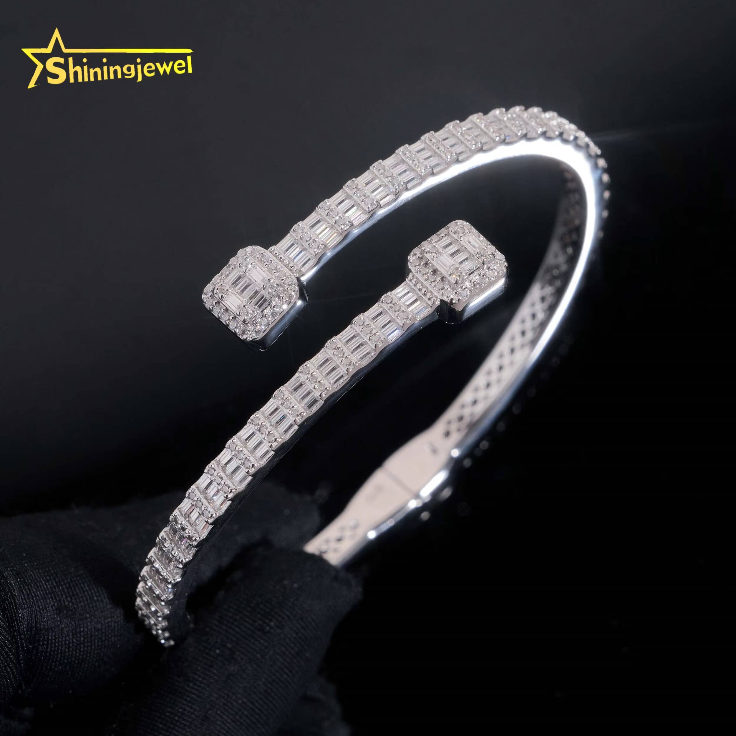 Worldwide Shipping Fine Jewelry Trendy S925 Silver Gold Plated VVS Baguette Moissanite Diamond Bangle Bracelet
