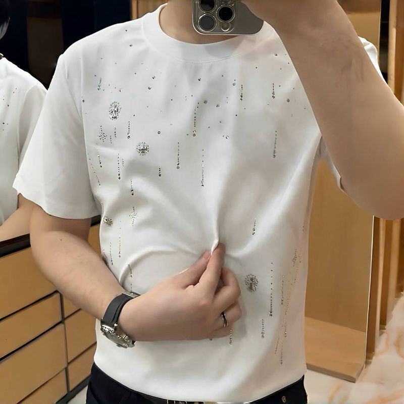 Luxury Brand Designer Summer new model: Meteor full-diamond trendy brand round-neck short-sleeve men T-shirt with high-end feel diamond embellishments