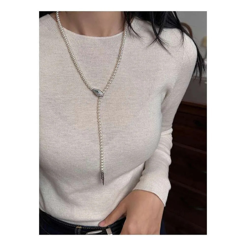 Women Gray Pearl Multi-Strand Long Sweater Chain Snake Motif Multi-Wear Statement Necklace Autumn Winter Layering