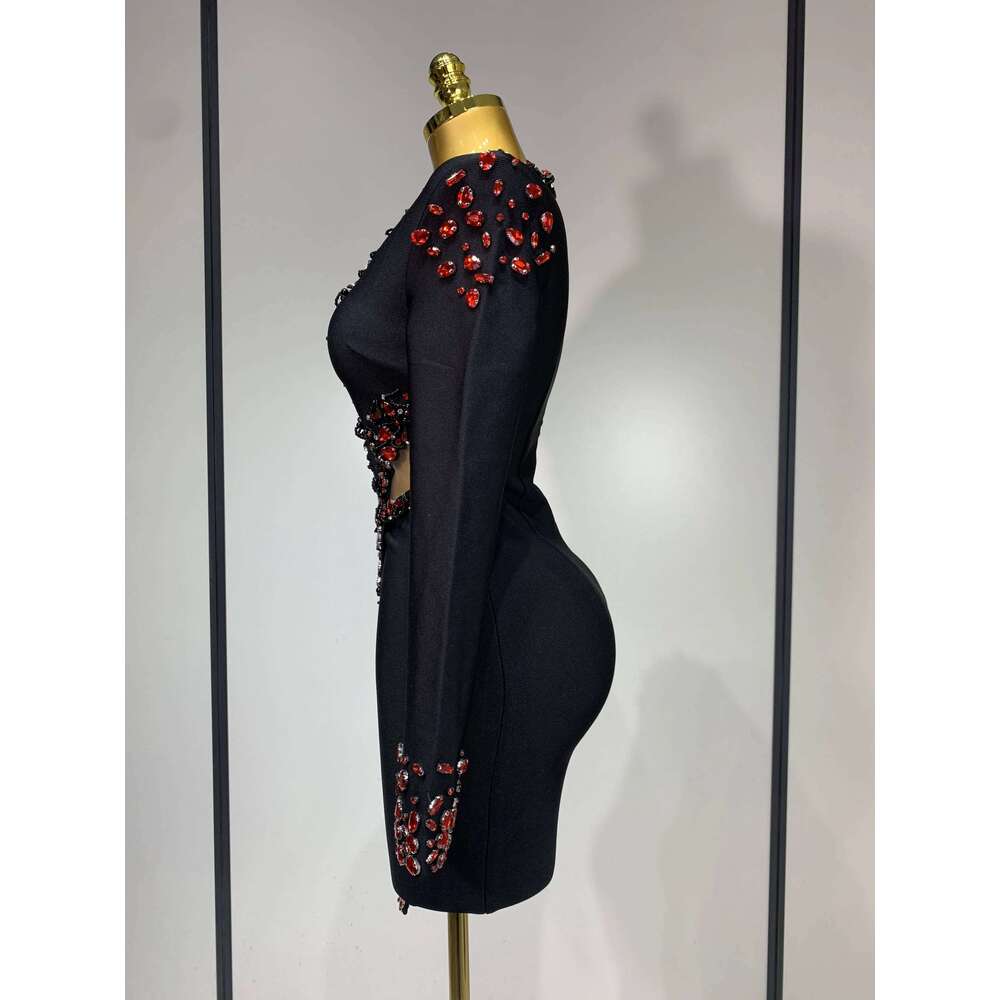 Luxury Birthday Women Celebrity Sexy Long Sleeve V Neck Rhinestone Black Bandage Dress Elegant Evening Club Party Dresses Gowns Dress Elegant