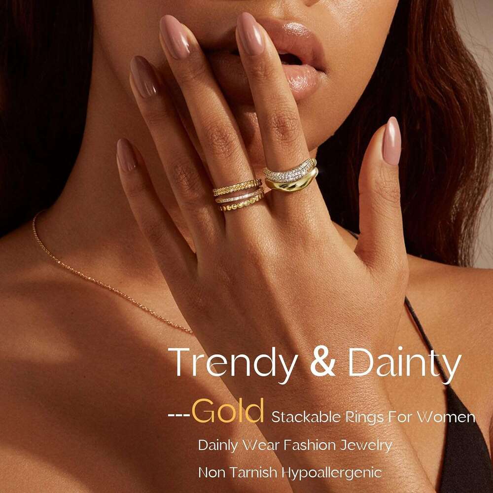 Ring Women Non Tarnish Dainty 14K Gold Plated Stacking Cubic Zirconia Thumb Ring Set Trendy Statement Chunky Band Promise Engagement Band Rings Size 6