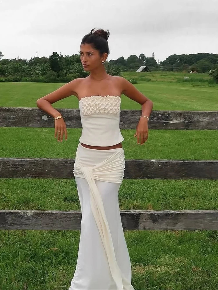 Sexy Strapless Pleated Long Skirt Set Women Chic Solid Off Shoulder Cropped Top Loose Skirts Suit Lady Vacation Beach Wear 260313