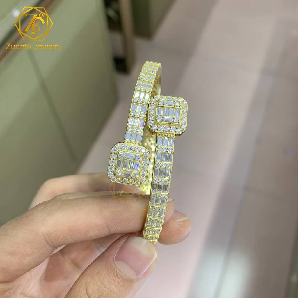 Fine Jewelry Sterling Silver 925 Fashion Iced Out VVS Baguette Moissanite Cuban Link Diamond Bracelet Bangles